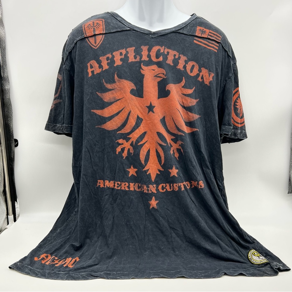 Affliction Black and Orange Short Sleeve Tee with Bold Graphic